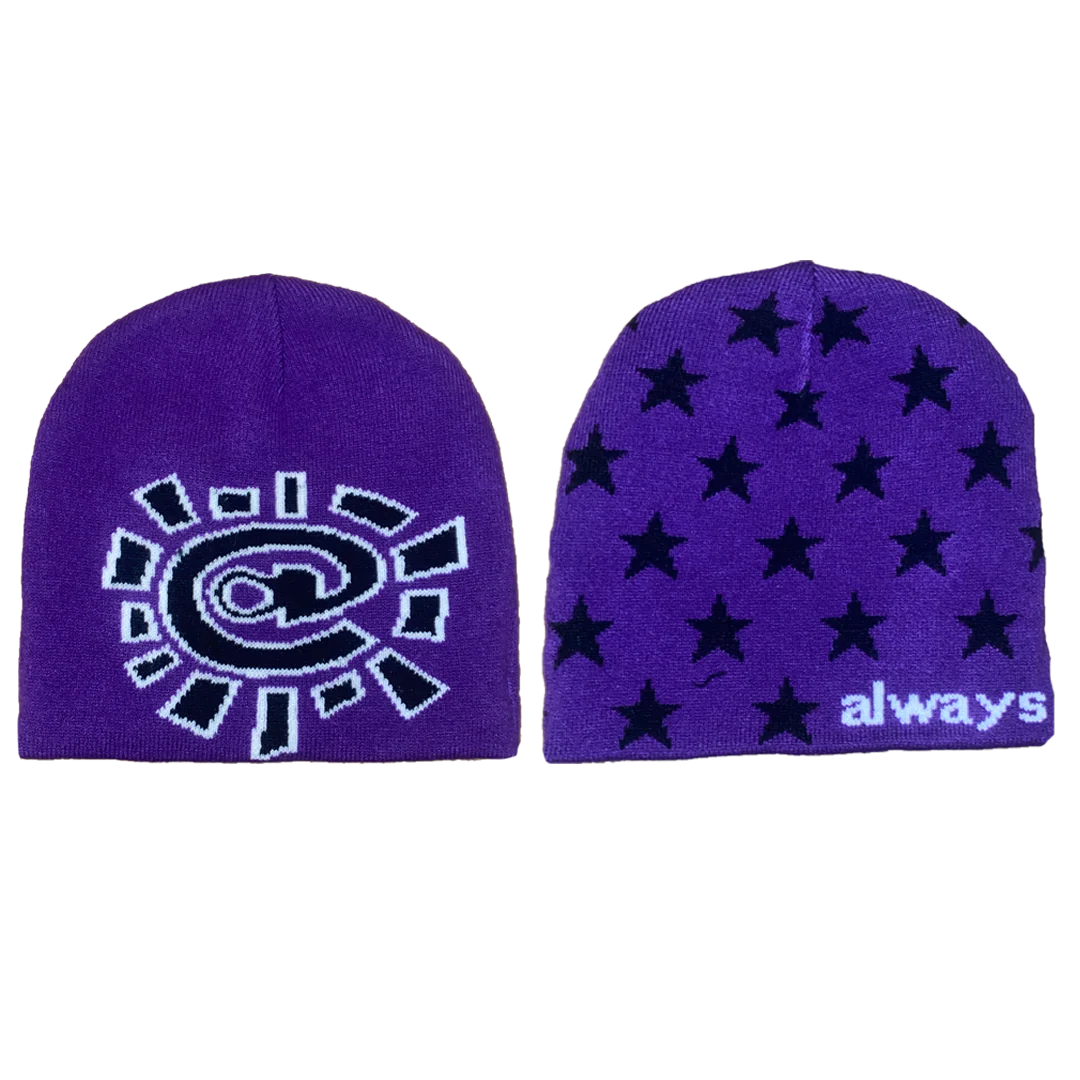 purple star reversible no cuff beanie