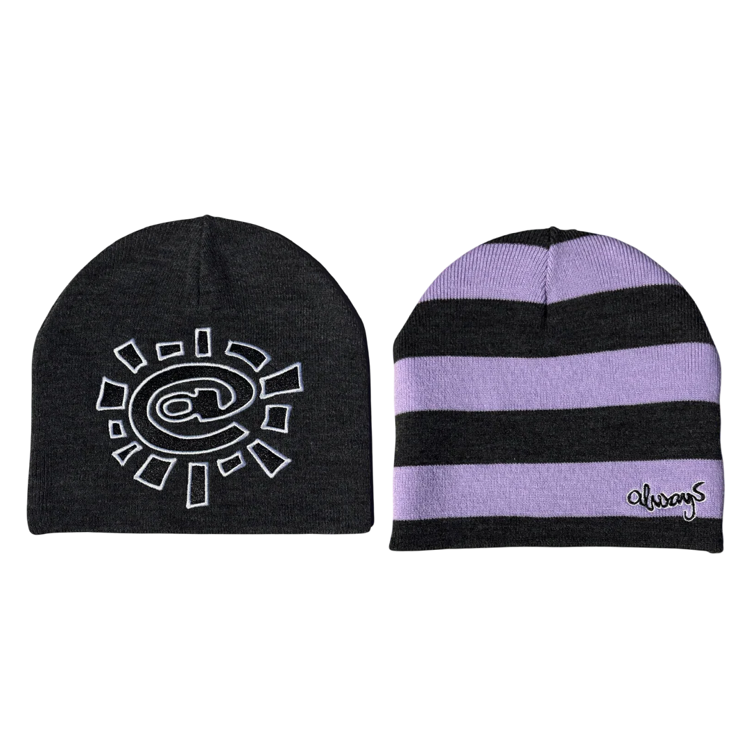 reversible embroid @sun beanie - purple/navy