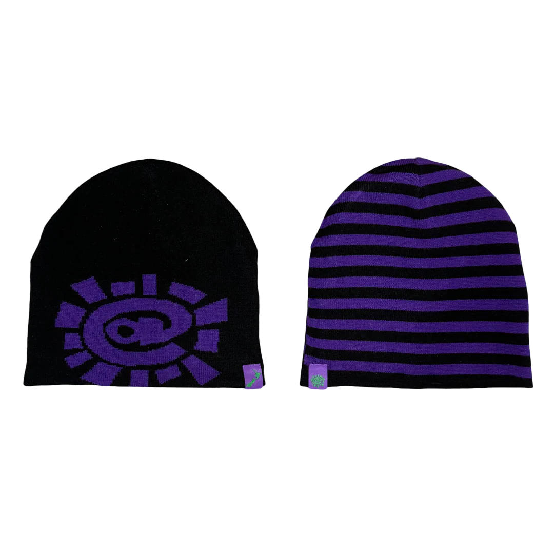 reversible no cuff beanie - black/purple stripe
